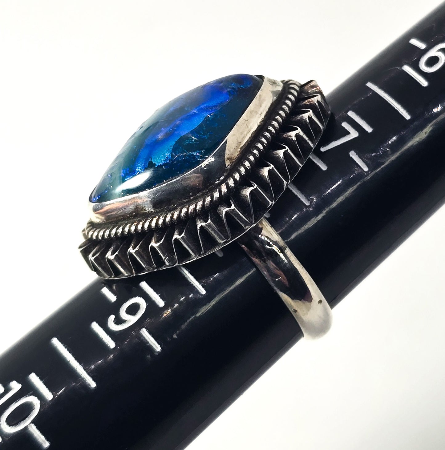Blue Dichroic glass artisan  Large solid sterling silver ring size 8
