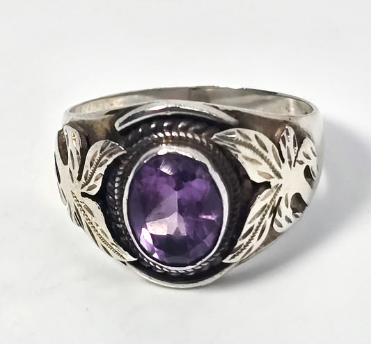 Amethyst purple gemstone Artisan double eagle vintage sterling silver ring size 9