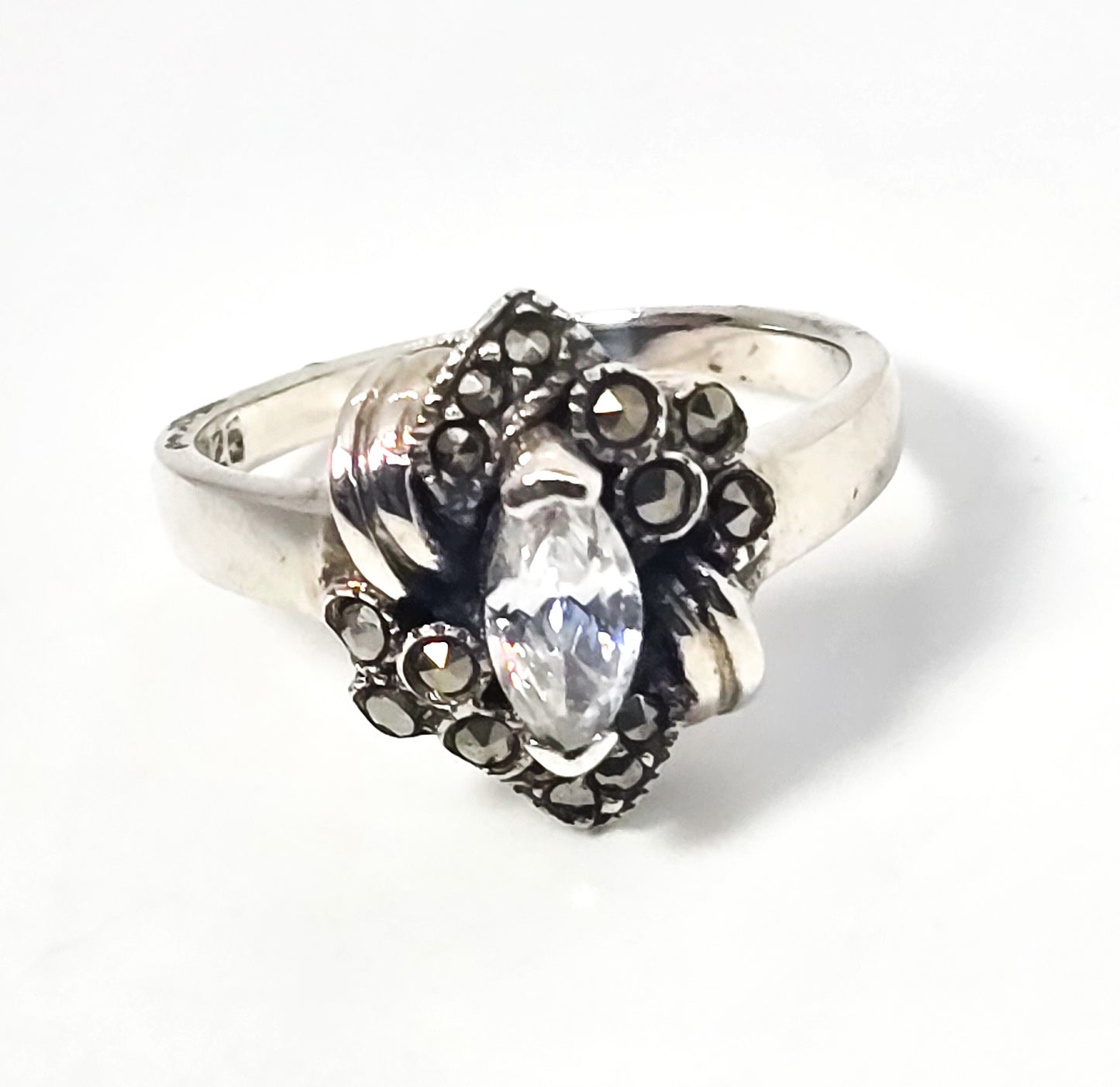 Art Deco style swirl marquis cut Cubic Zirconia Marcasite sterling silver ring size 8.5