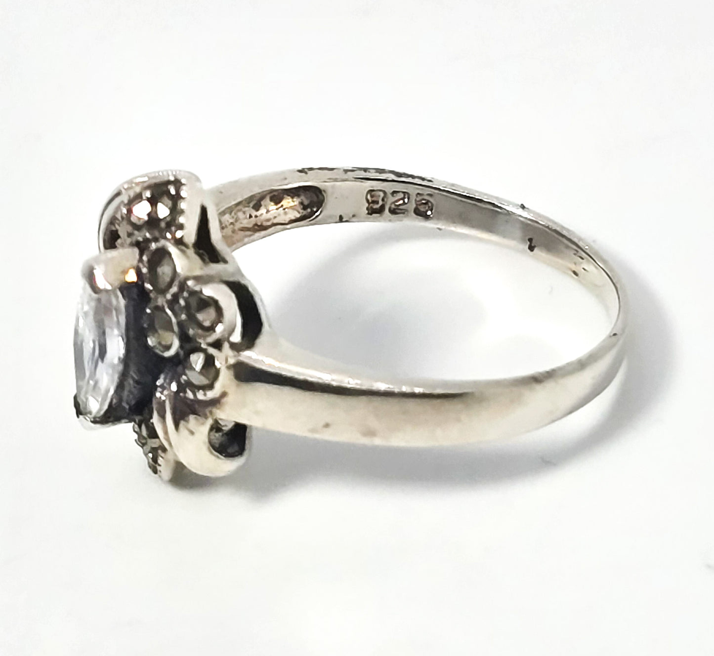 Art Deco style swirl marquis cut Cubic Zirconia Marcasite sterling silver ring size 8.5