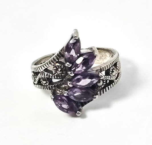 Amethyst Wave 5 stone gemstone marcasite retro vintage sterling silver ring size 5