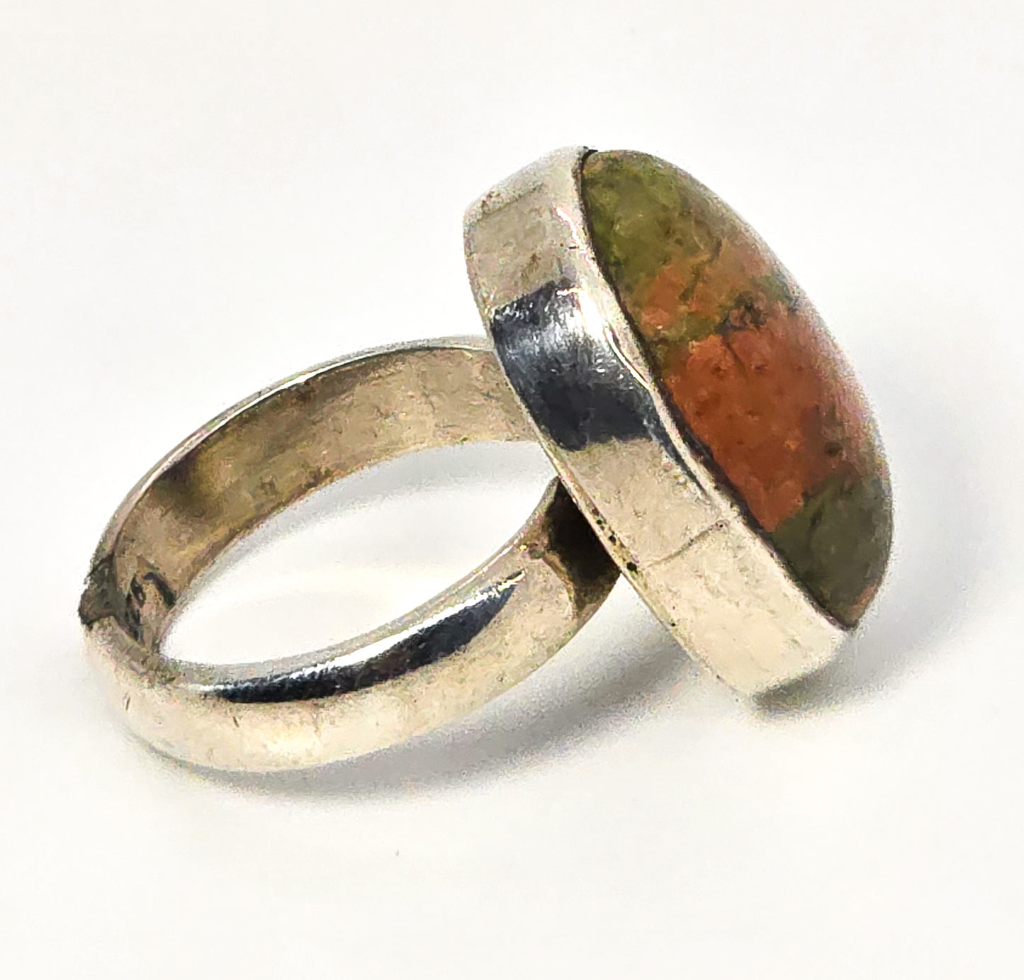 Unakite Green gemstone sterling silver large vintage statement ring size 6.5