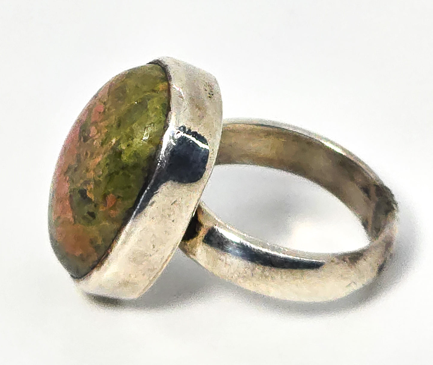 Unakite Green gemstone sterling silver large vintage statement ring size 6.5