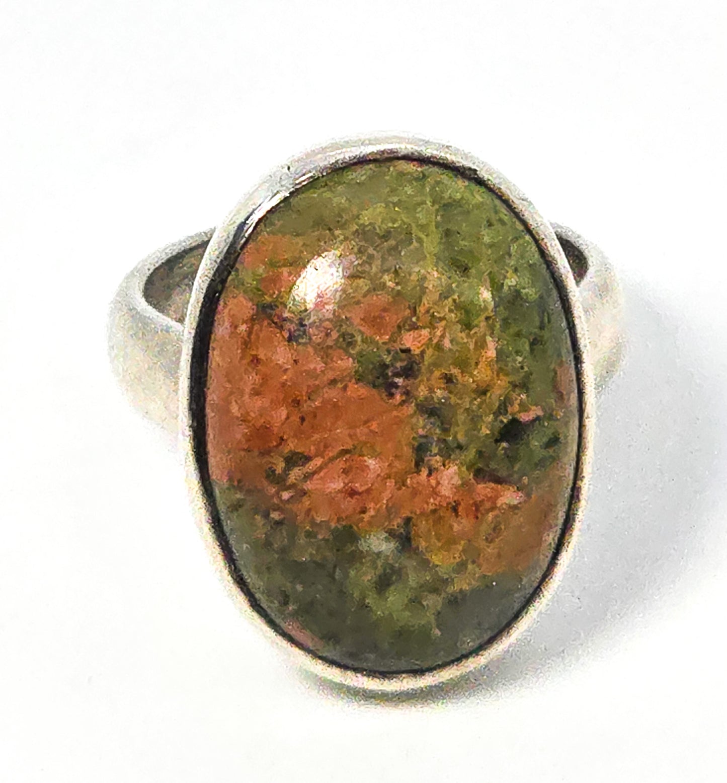 Unakite Green gemstone sterling silver large vintage statement ring size 6.5