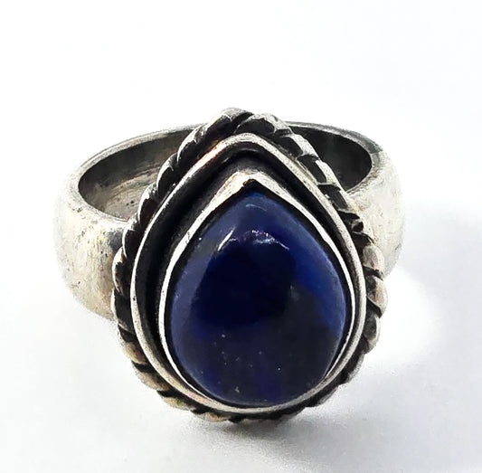 Lapis Lazuli extra large blue pear cut gemstone solid sterling silver ring size 5.5