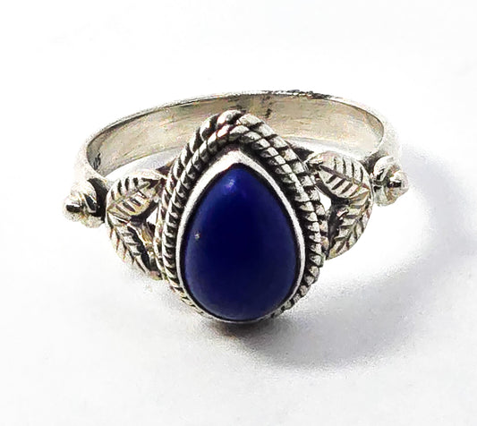 Lapis Lazuli blue pear cut gemstone split shank leaf sterling silver ring size 6.5