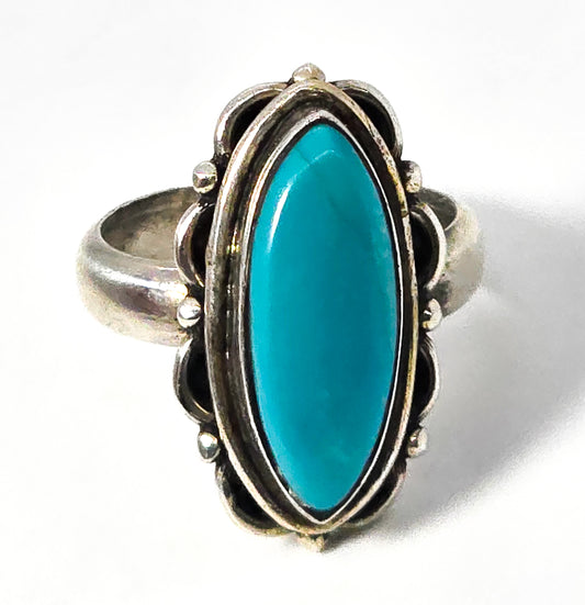 Turquoise gemstone large scalloped vintage sterling silver ring size 6