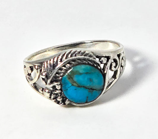 Turquoise open work feather Southwestern vintage sterling silver ring size 6