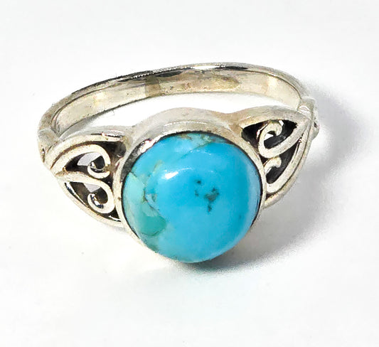 Turquoise gemstone split shank swirl Southwestern vintage sterling silver ring size 8