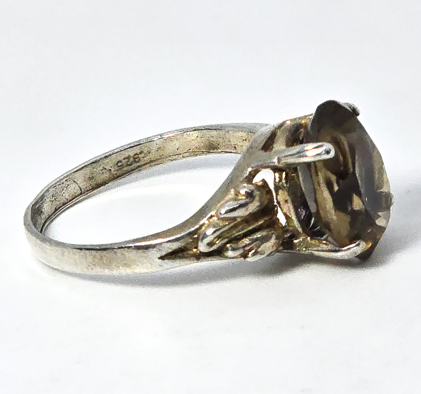 Smoky Quartz 3.5ct prong set gemstone vintage sterling silver ring size 7