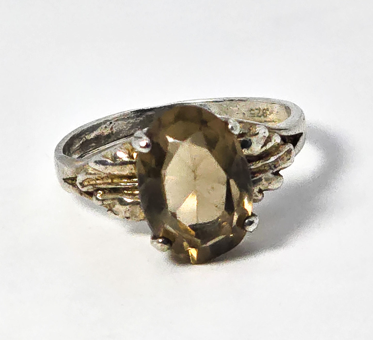 Smoky Quartz 3.5ct prong set gemstone vintage sterling silver ring size 7