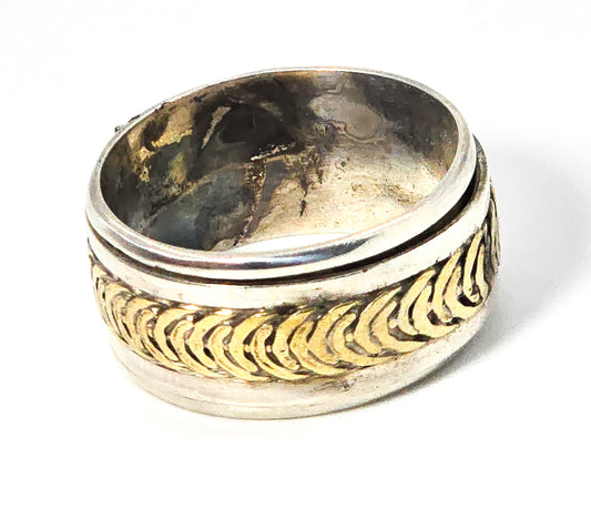 Two toned double band solid sterling silver brass fidget spinner ring band size 10