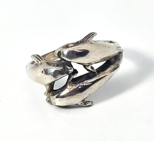 Triple Jumping Dolphins vintage tropical solid sterling silver ring size 7.5