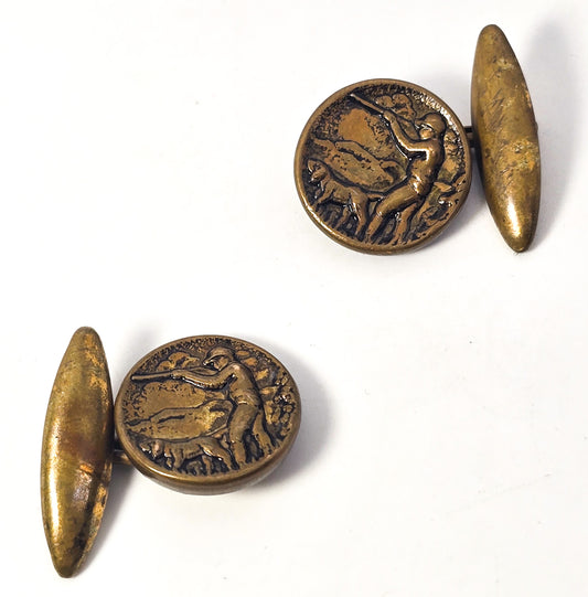 Victorian Bird Hunting man with dog antique Repousse  brass cufflinks