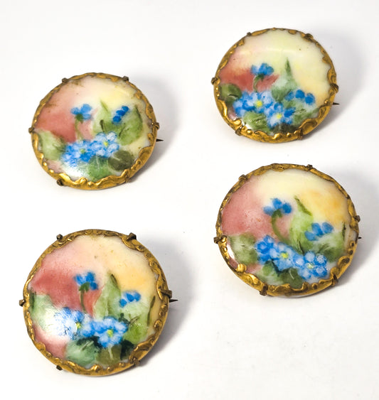 Blue Forget me Not Set of 4 mini Painted Porcelain antique Victorian brooches 1900's