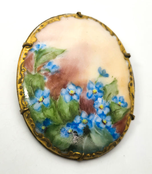 Blue Forget me Not Painted Porcelain gold rimmed antique Victorian brooch 1900's