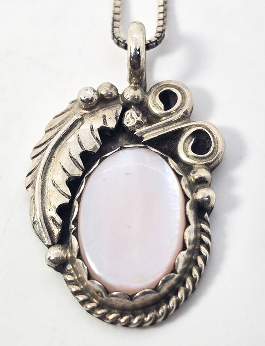 Pink Slipper Shell Navajo feather Sterling silver vintage Native American necklace