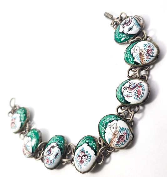 Persian antique enamel hand painted green animal story teller panel bracelet
