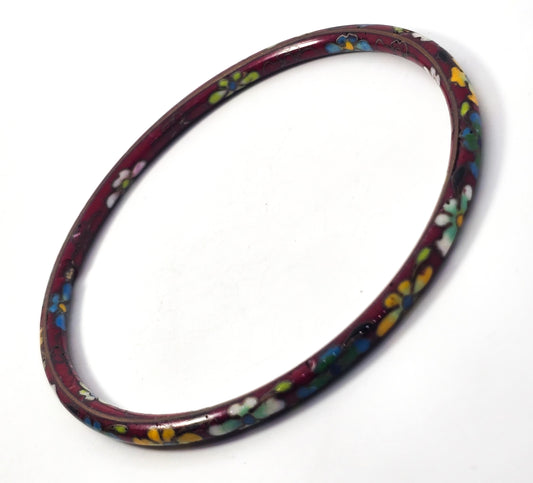 Red Cloisonne enamel flower vintage thin stacking bangle bracelet Chipped