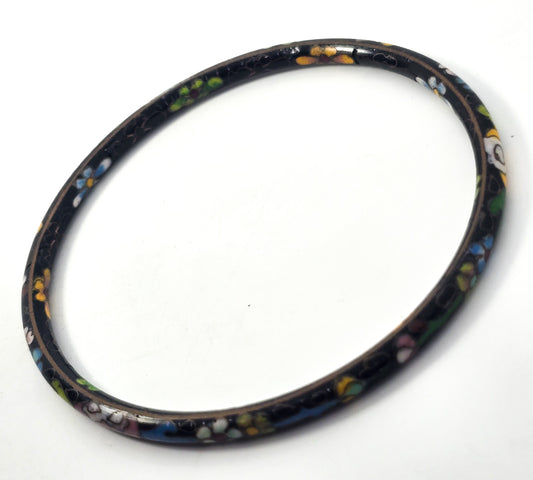 Black Cloisonne enamel flower vintage thin stacking bangle bracelet