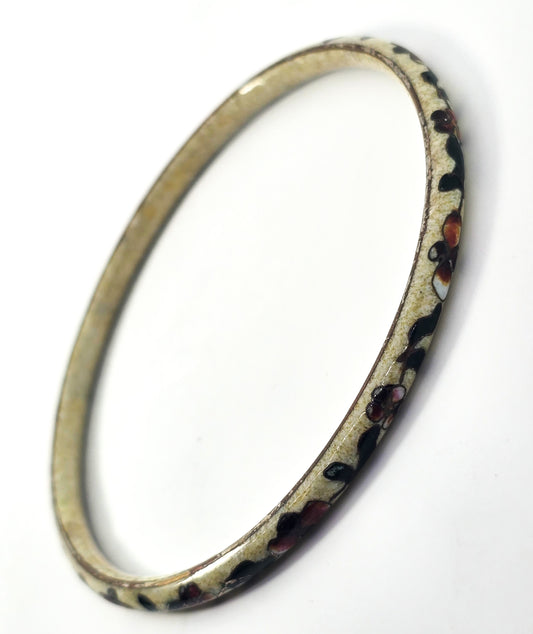 Cream Cloisonne enamel flower vintage thin stacking bangle bracelet