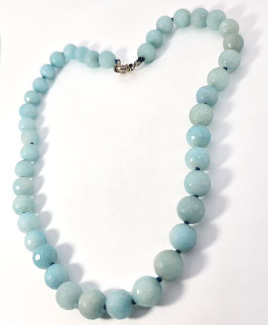 Amazonite blue faceted beaded 10mm silk knotted 18.5 inch gemstone necklace