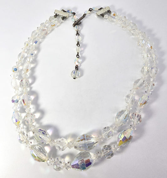 Austrian Crystal Aurora Borealis Barrel graduated double strand vintage necklace