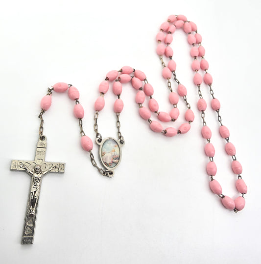Christening pink beaded heart themed mid century Italian prayer beads rosary
