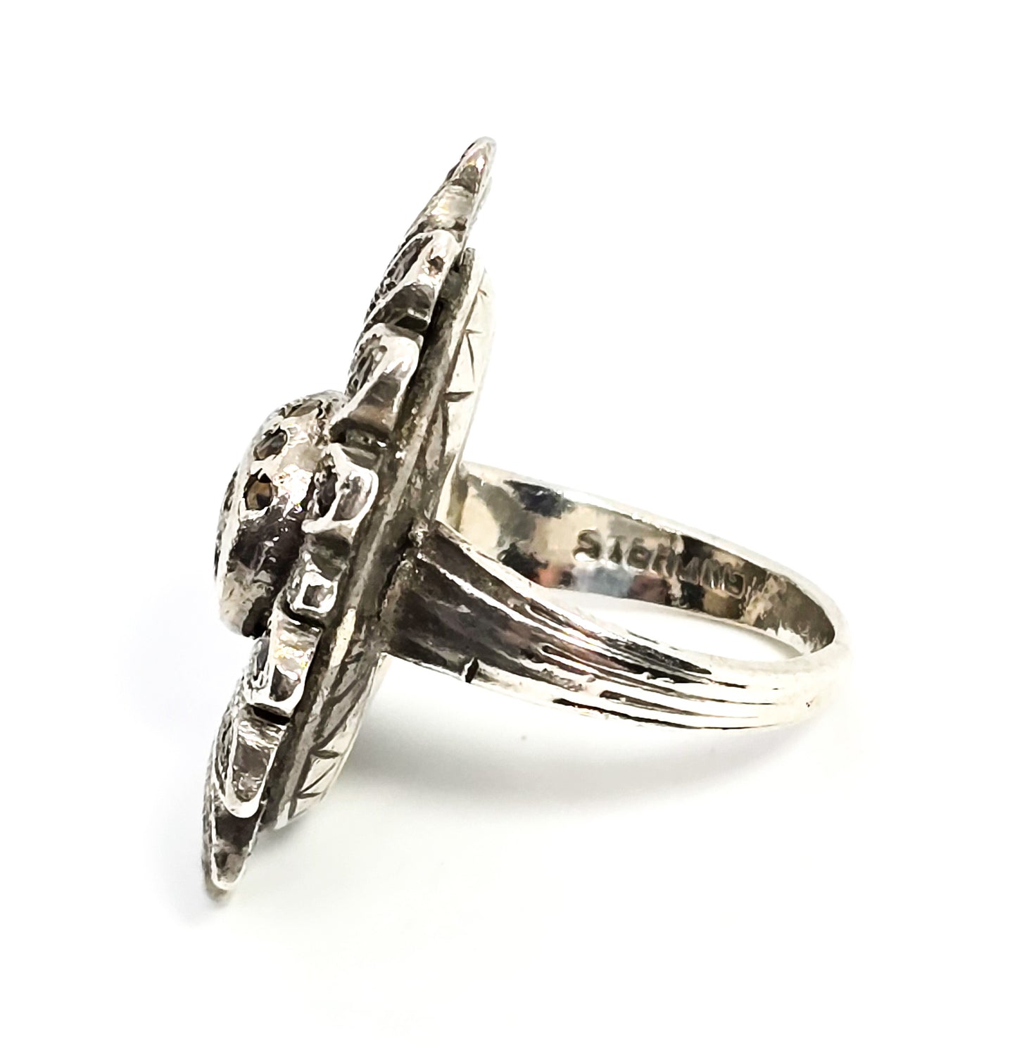 Art Deco Marcasite flower swirl vintage sterling silver ring size 4