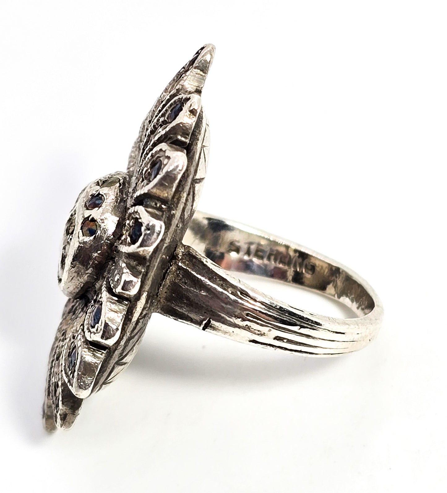 Art Deco Marcasite flower swirl vintage sterling silver ring size 4