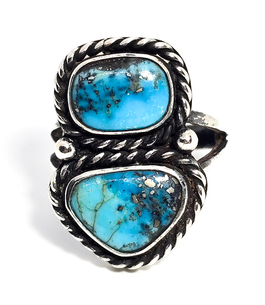 Double Turquoise Native American Split shank vintage sterling silver ring size 6.5