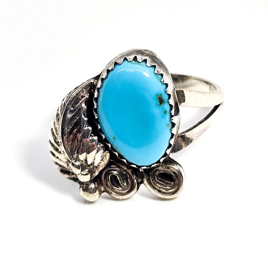 Turquoise Navajo Native American feather vintage sterling silver ring size 7