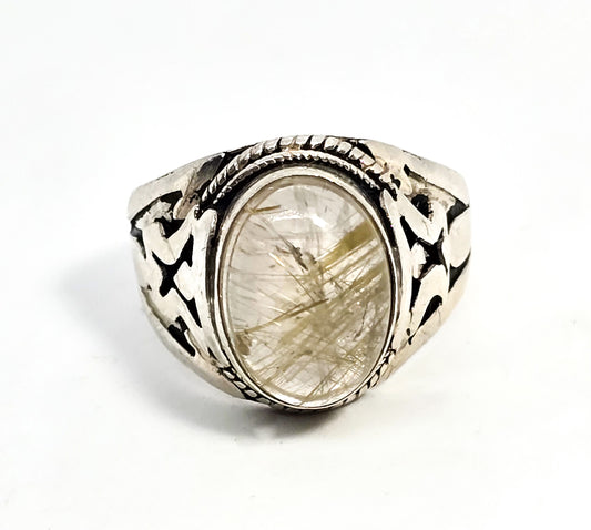 Golden rutilated quartz large adjustable sterling silver ring size 9