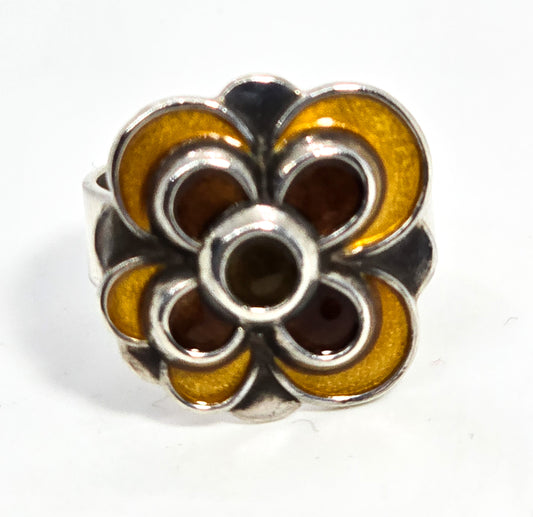 David Andersen Norway Modernist Sterling Silver Enameled guilloche ring size 8