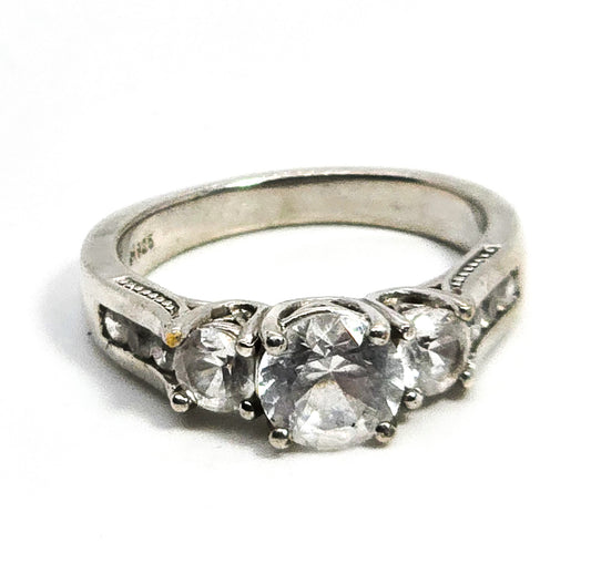 Princess cut three stone past present future white topaz sterling silver ring size 7