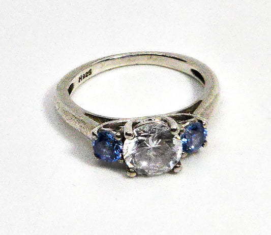 Three stone blue CZ past present future cubic zirconia sterling silver ring size 6.5