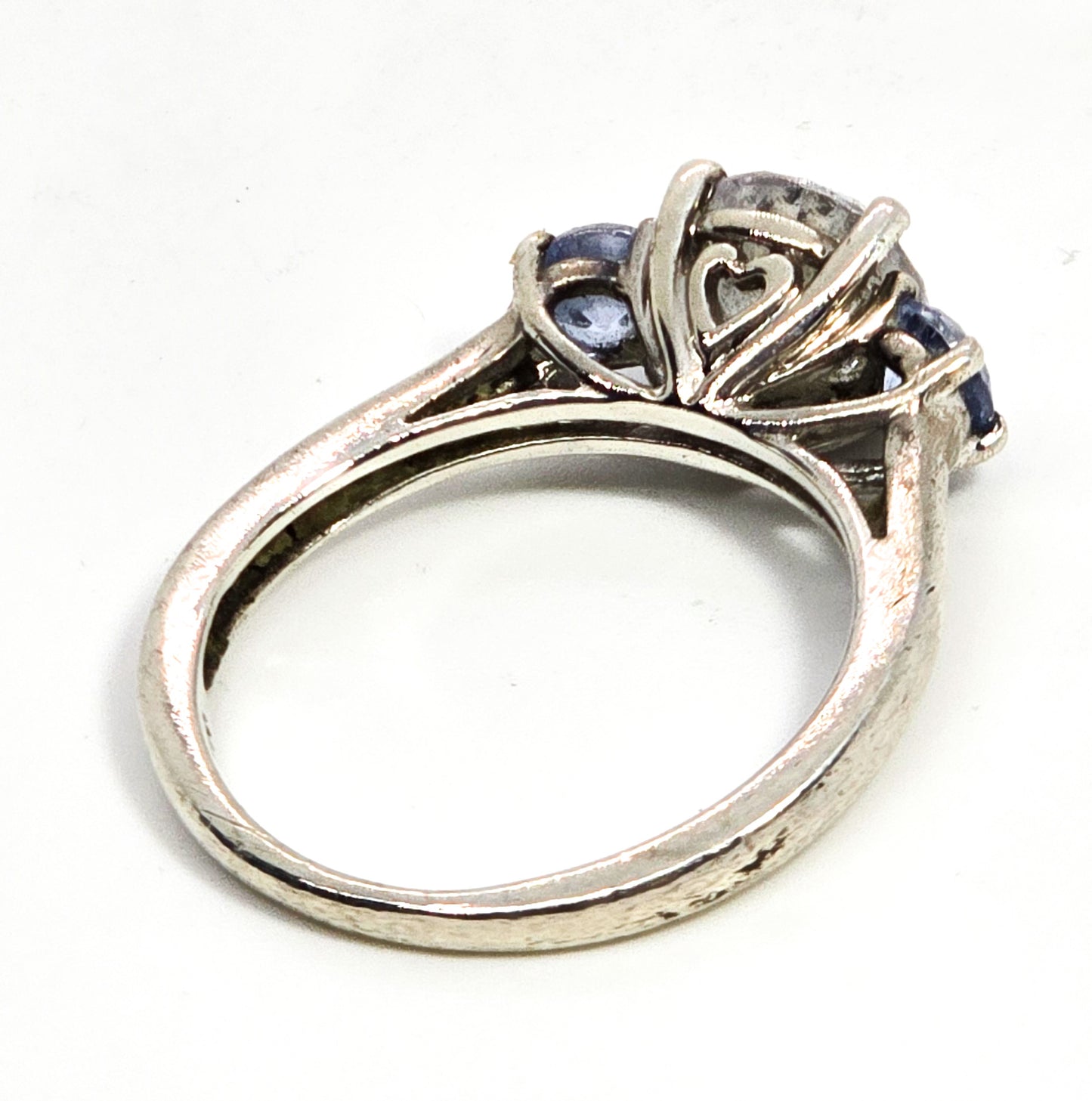 Three stone blue CZ past present future cubic zirconia sterling silver ring size 6.5