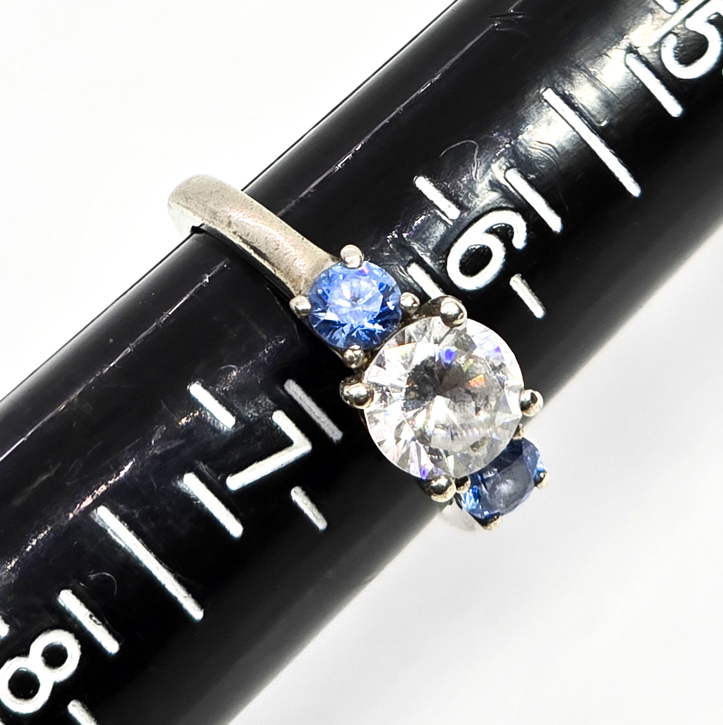 Three stone blue CZ past present future cubic zirconia sterling silver ring size 6.5