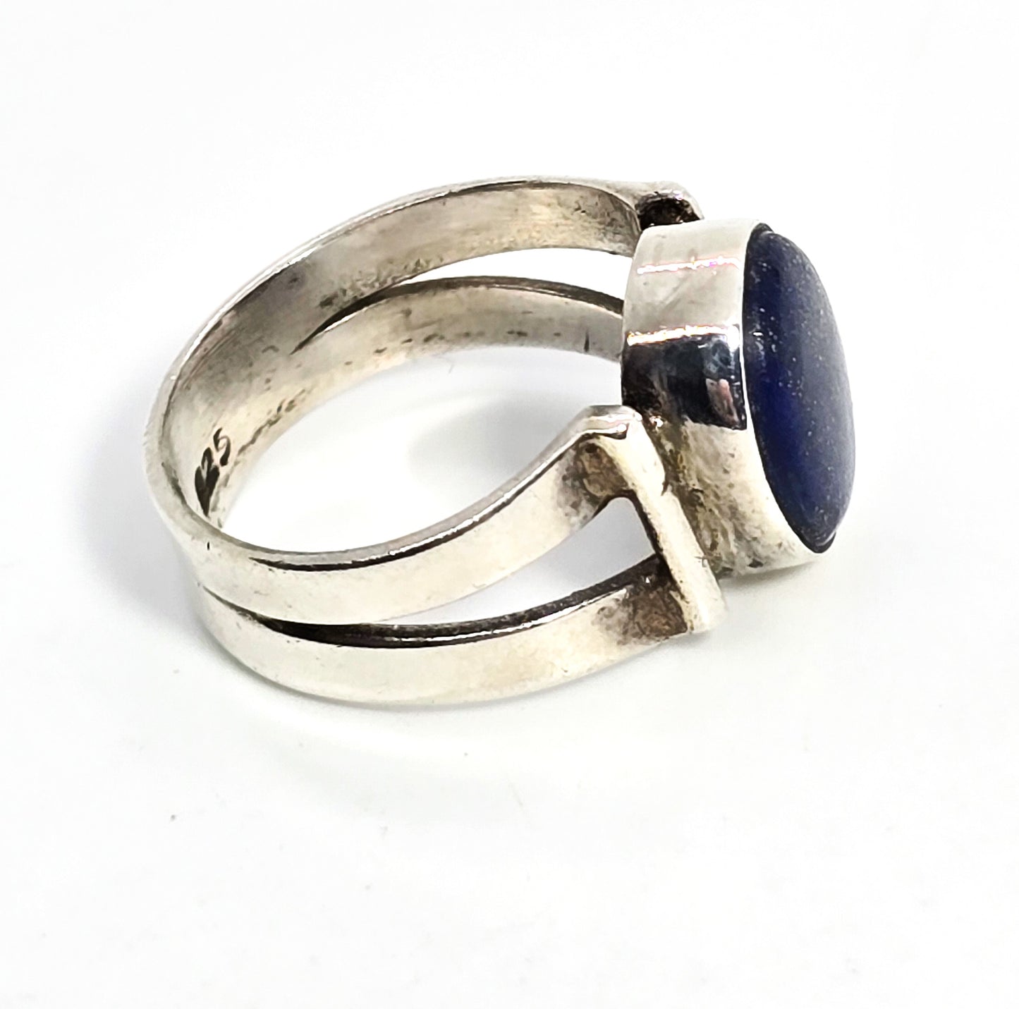 Lapis Lazuli large oval gemstone split shank sterling silver ring size 6.5