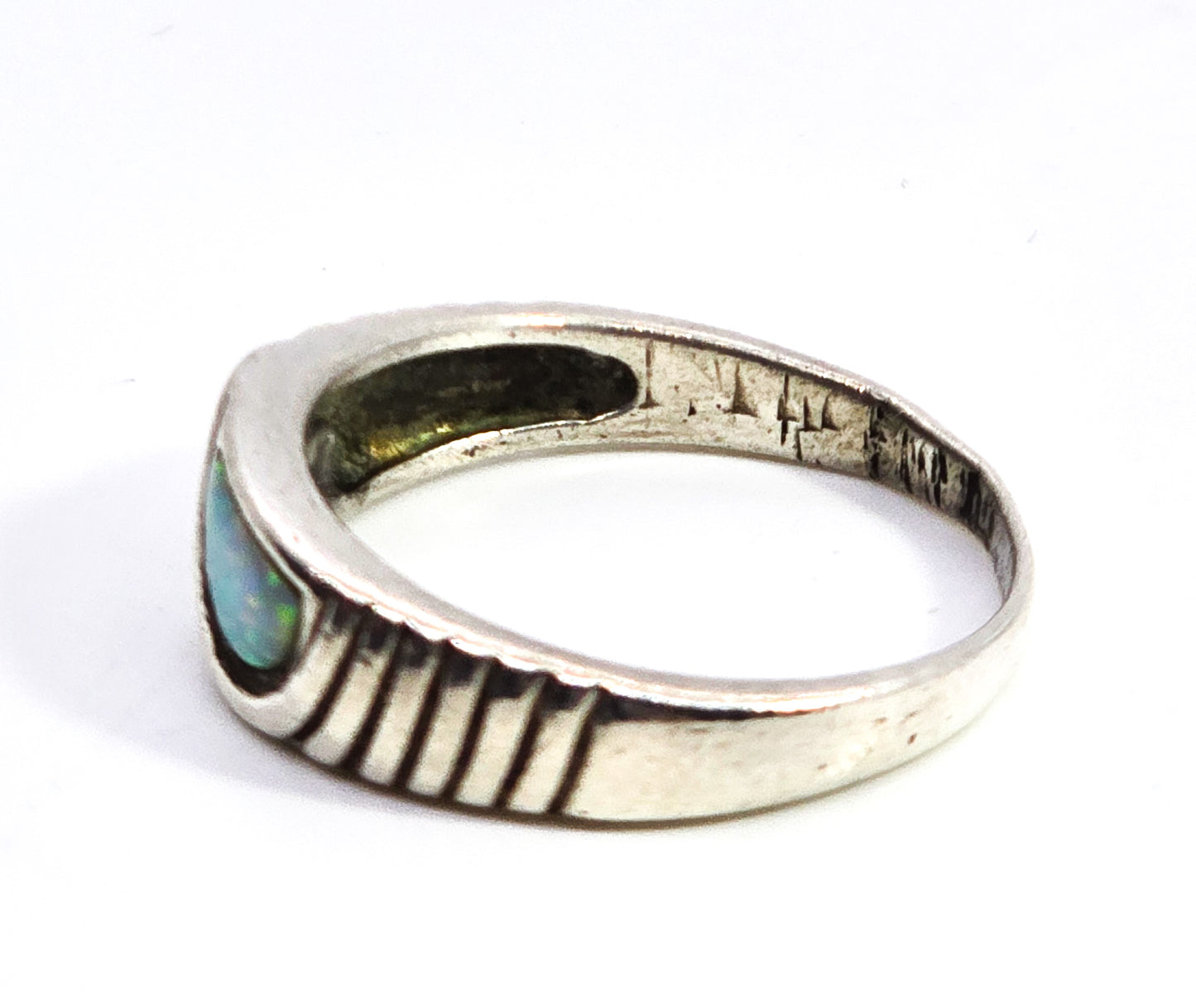 Bright fire opal Dual inlay sterling silver vintage ring band size 9