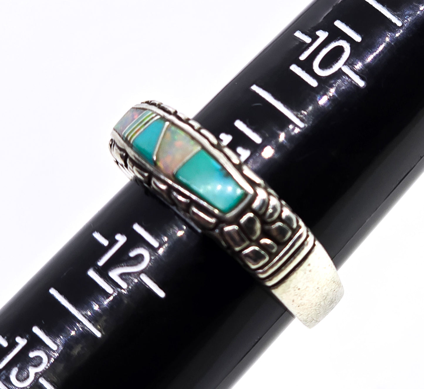 Fire opal turquoise Dual inlay sterling silver men's vintage pebble ring band size 11