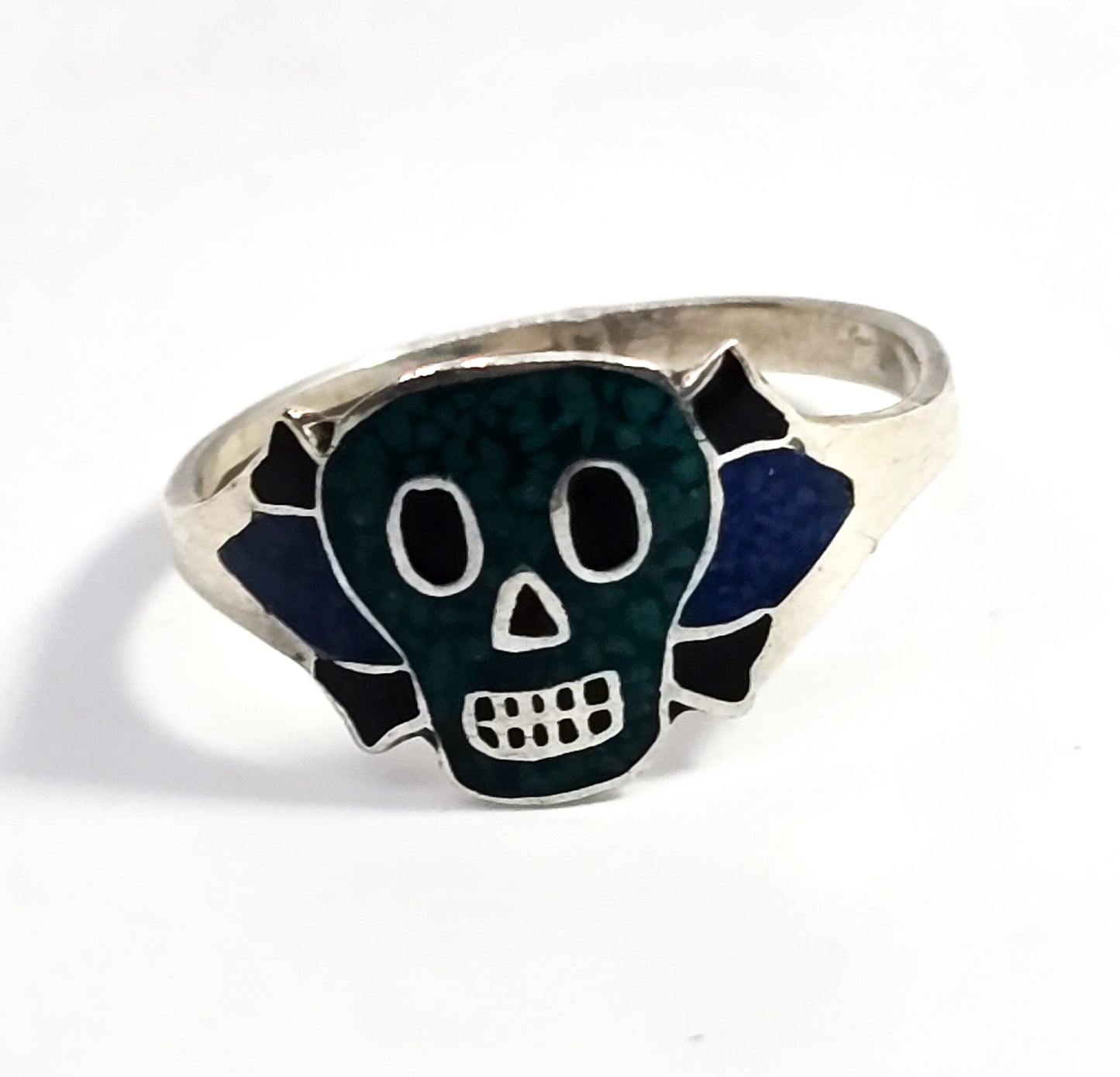 Dia de los Muertos Taxco Mexico vintage enamel sterling silver skull ring size 6