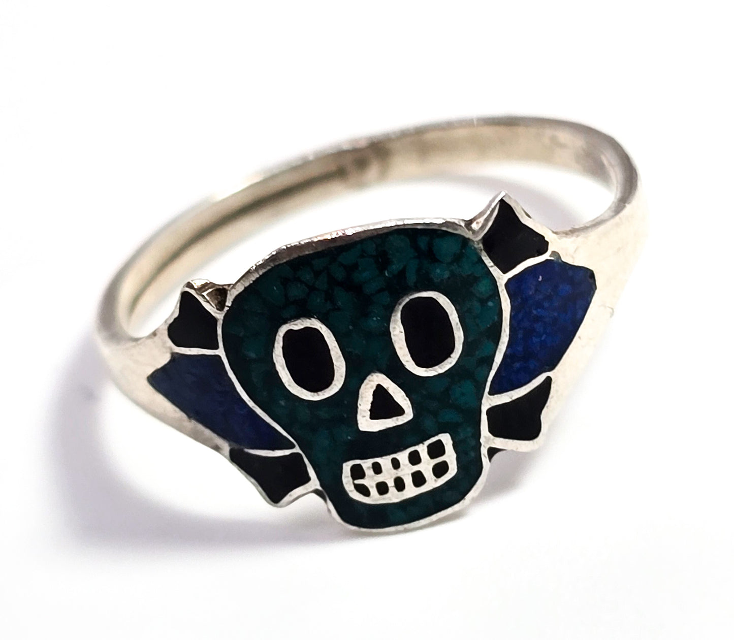 Dia de los Muertos Taxco Mexico vintage enamel sterling silver skull ring size 6