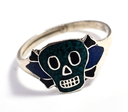 Dia de los Muertos Taxco Mexico vintage enamel sterling silver skull ring size 6