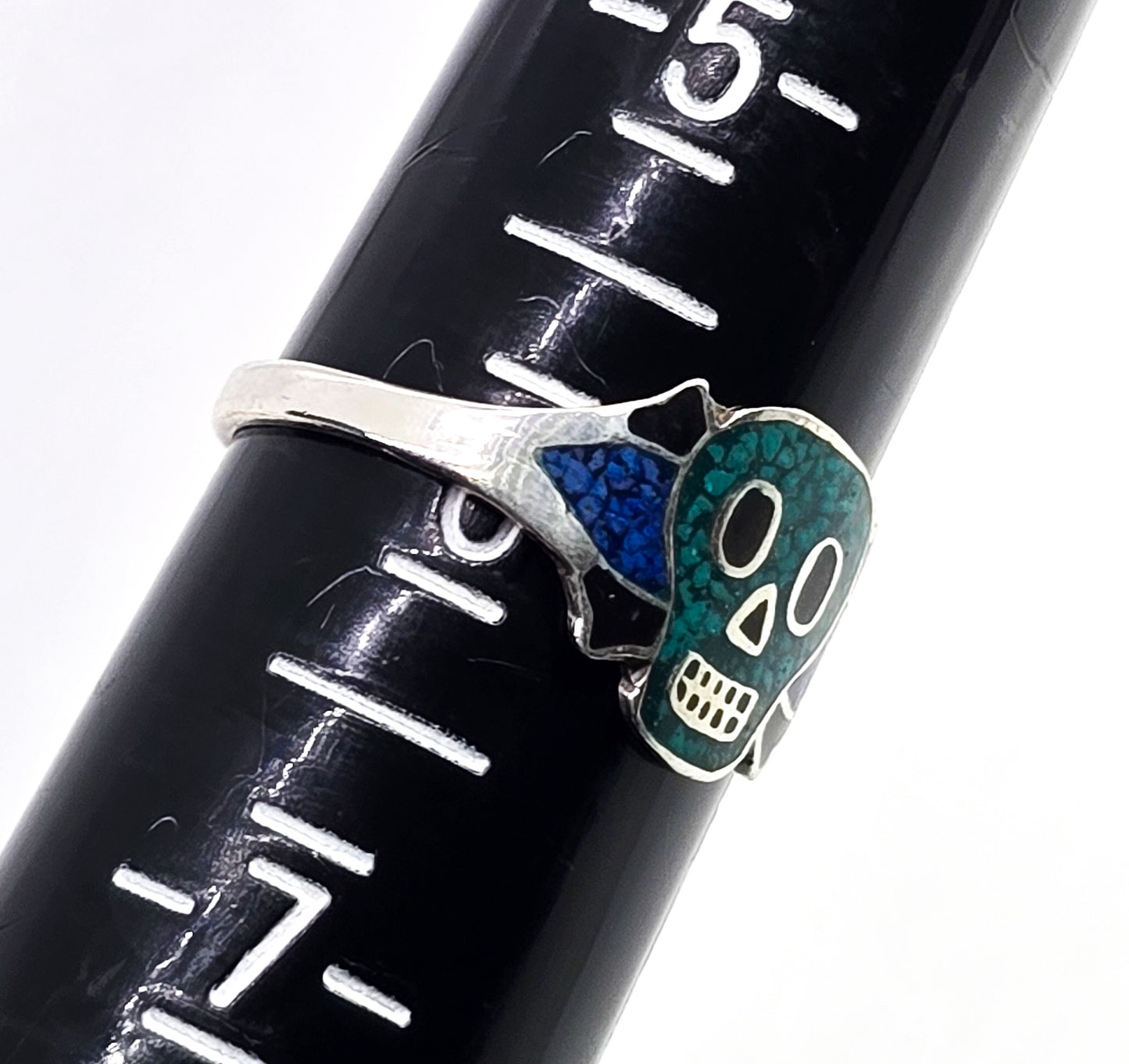 Dia de los Muertos Taxco Mexico vintage enamel sterling silver skull ring size 6
