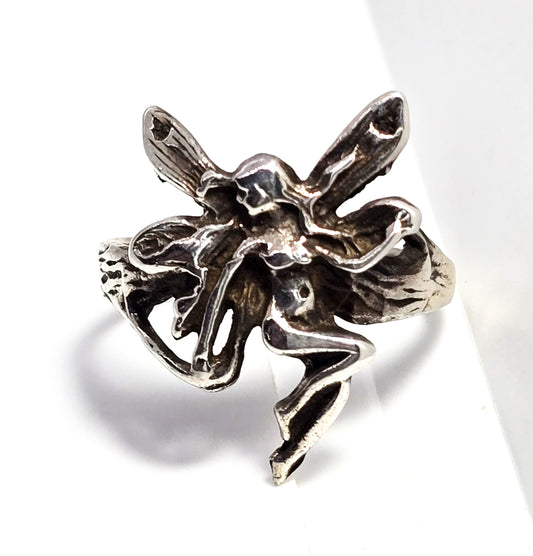 Art Nouveau style Fairy sprite princess nymph vintage sterling silver ring size 6