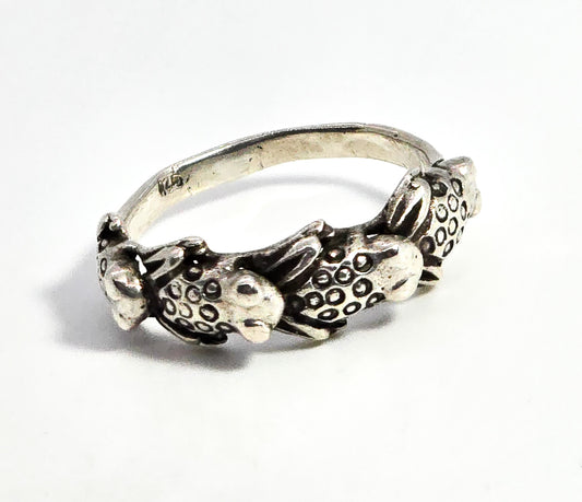 Frog hop 4 detailed froggies sterling silver vintage flower ring band size 7