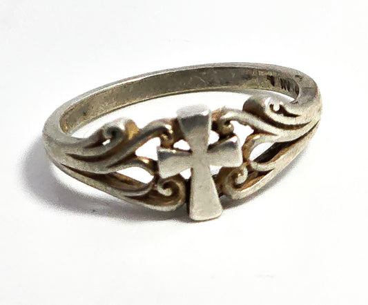 Filigree wave Cross Christian sterling silver vintage ring size 7.5 NV