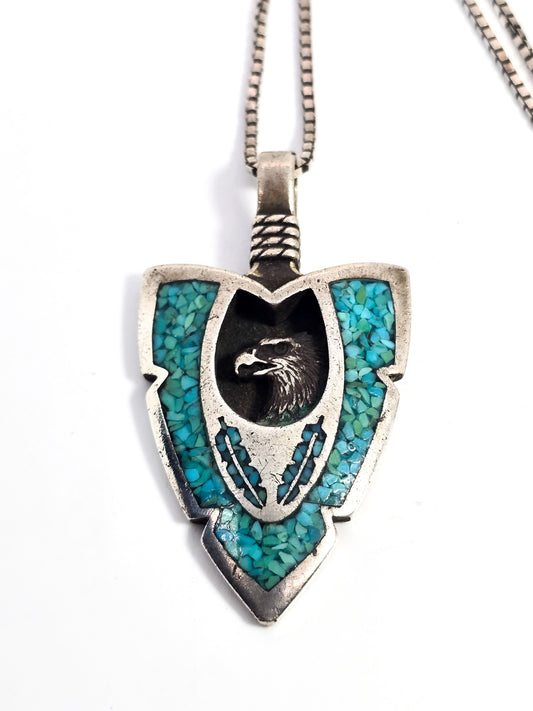 Eagle shadowbox turquoise chip inlay sterling silver vintage arrow 20" necklace