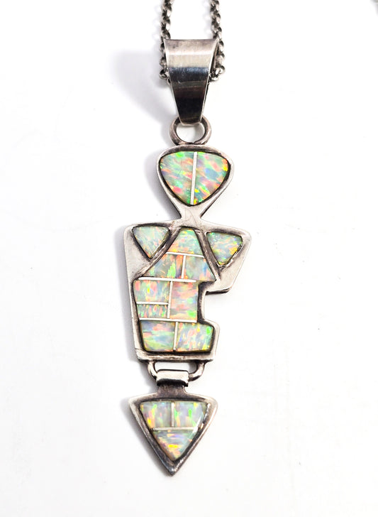 White fire Opal Native Zuni LM vintage sterling silver pendant necklace
